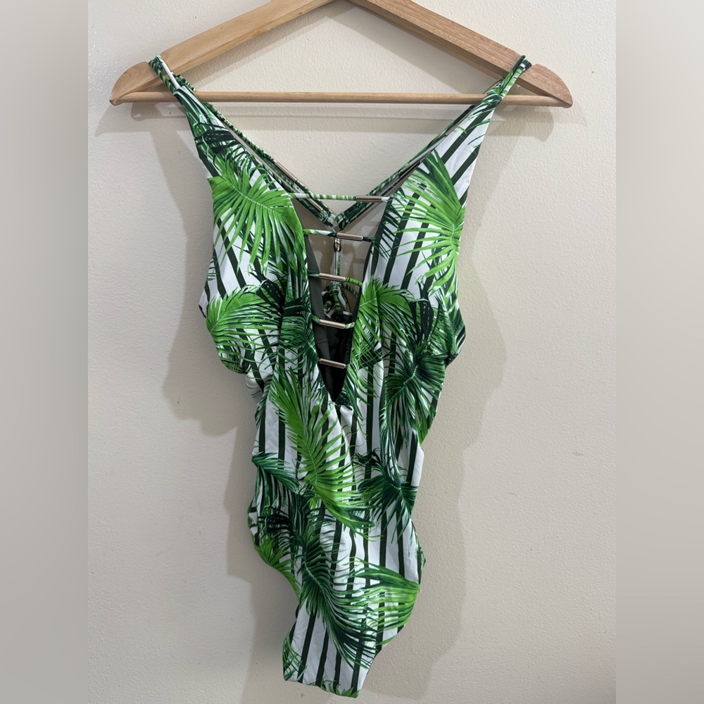 TiniBikini Green Tropical Leaf Lace-Up One-Piece